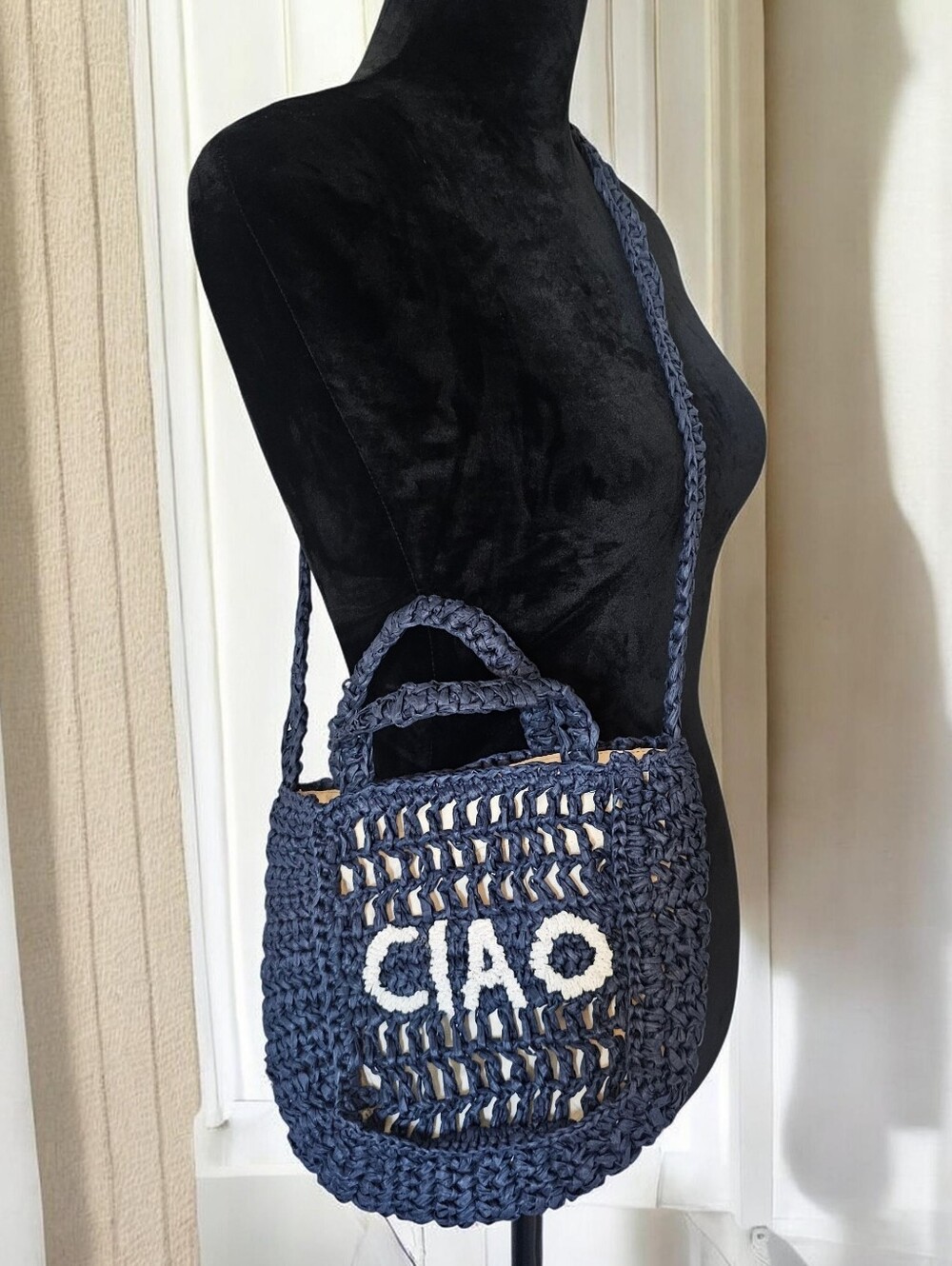 Handwoven Navy 'CIAO' Raffia Crossbody Bag